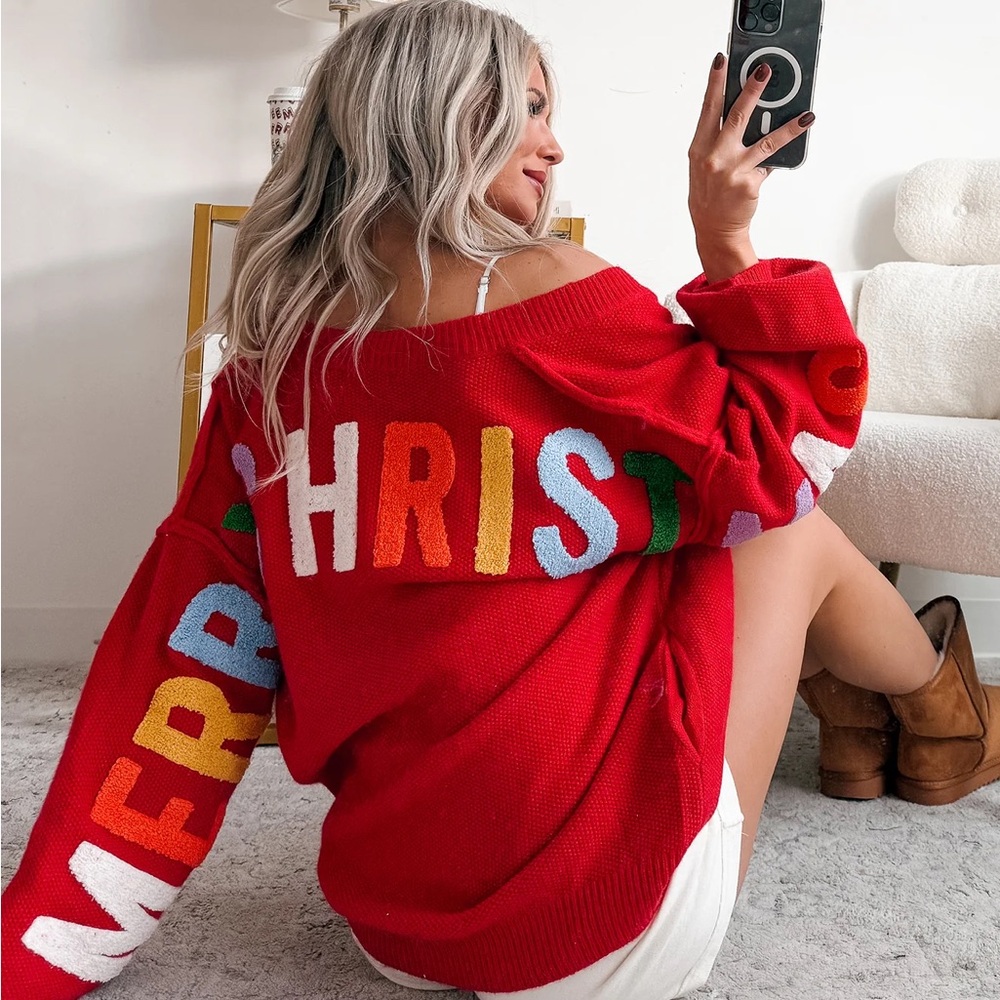 Very Merry Christmas Patchwork V Neck Red Knit Cardigan